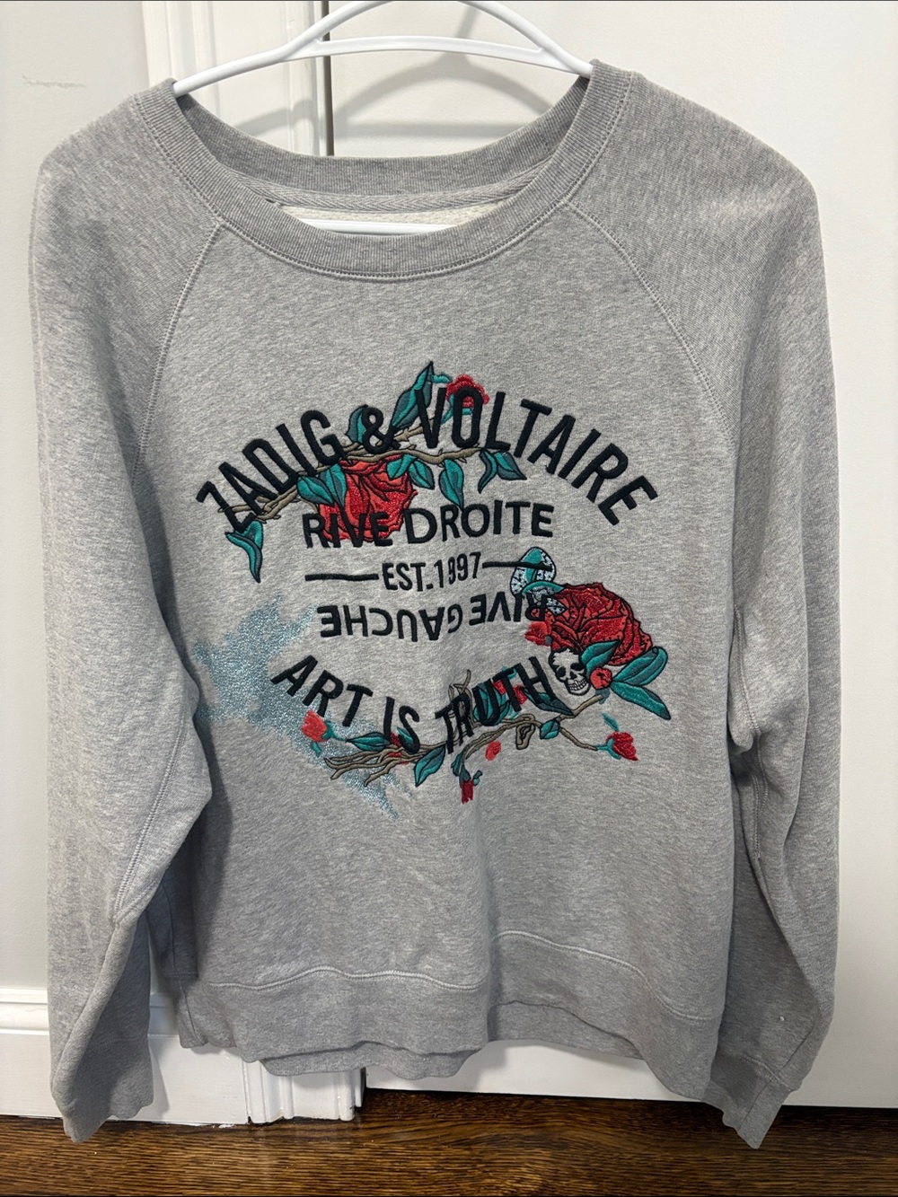 Zadig & Voltaire Gray Sweatshirt with Red & Green Floral Embroidery